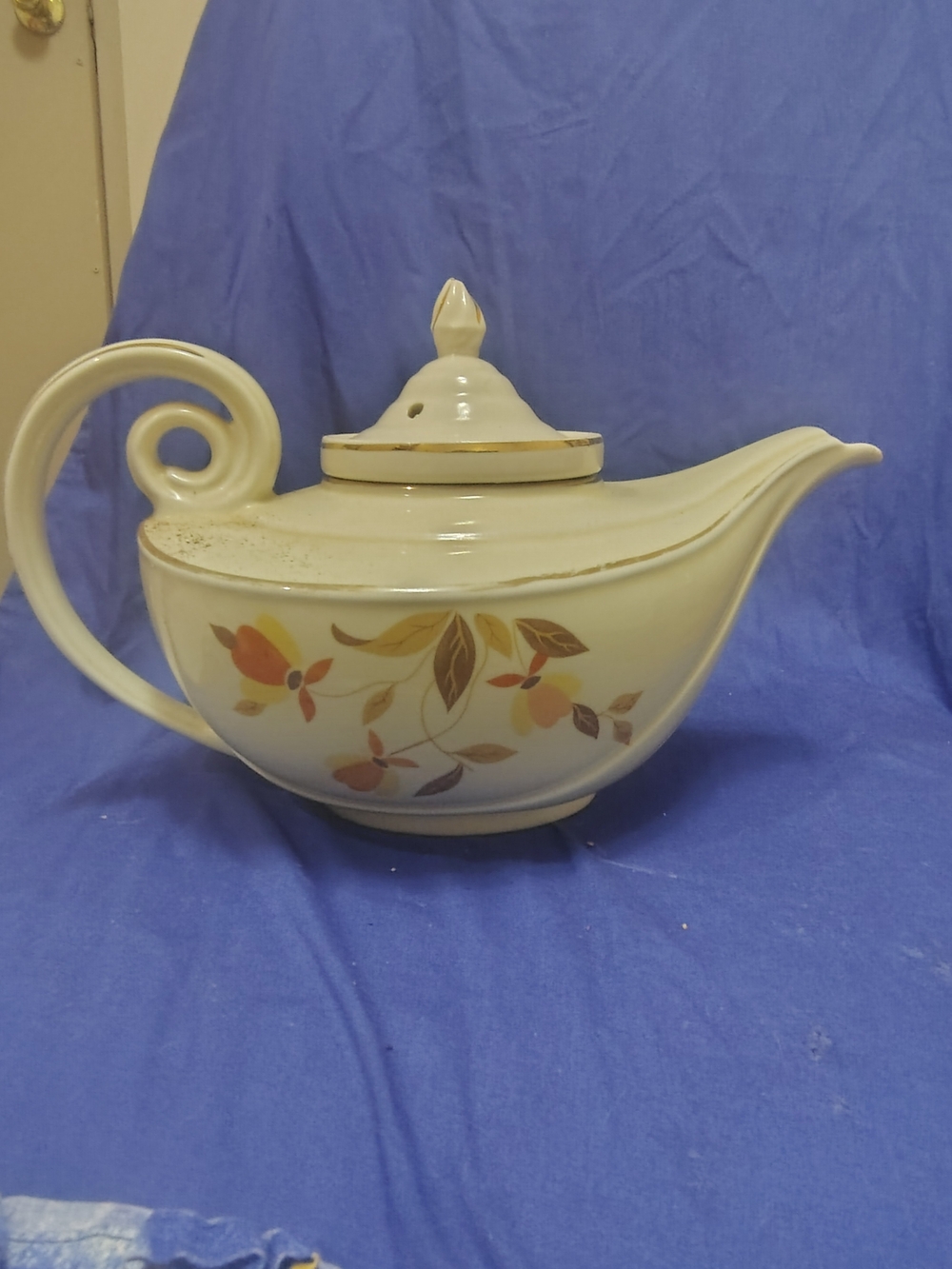 Vintage Cream Ceramic Teapot with Autumn Leaf Motif